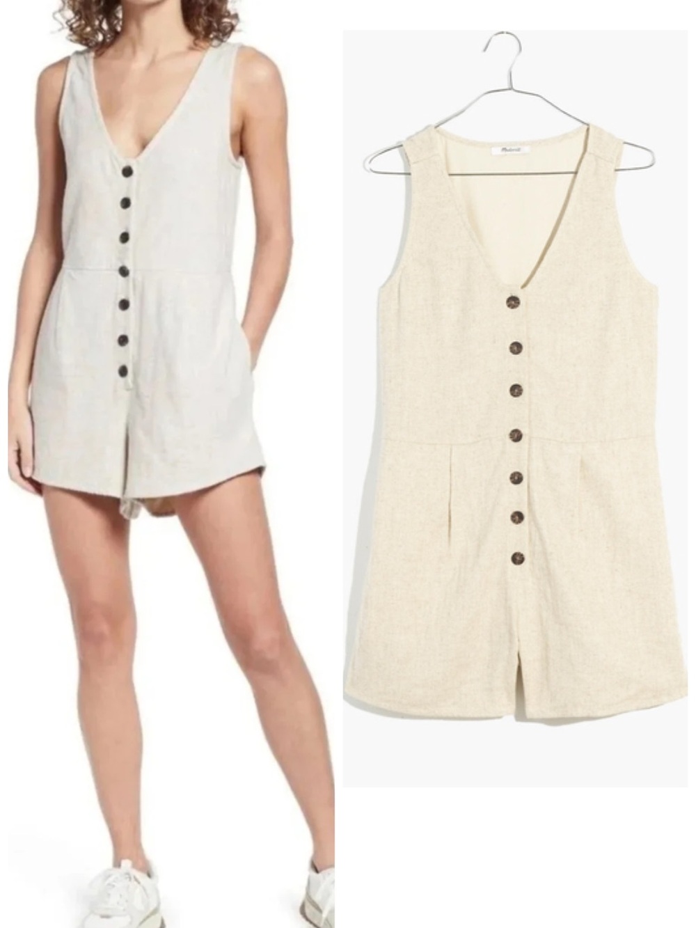 Madewell V-Neck Button Down Linen Blend Romper in Natural Size 00 EUC Boho Beach